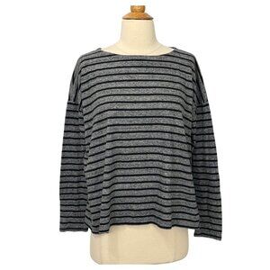Eileen Fisher System Organic Cotton Striped Top Boxy Long Slv Black Gray Size XS